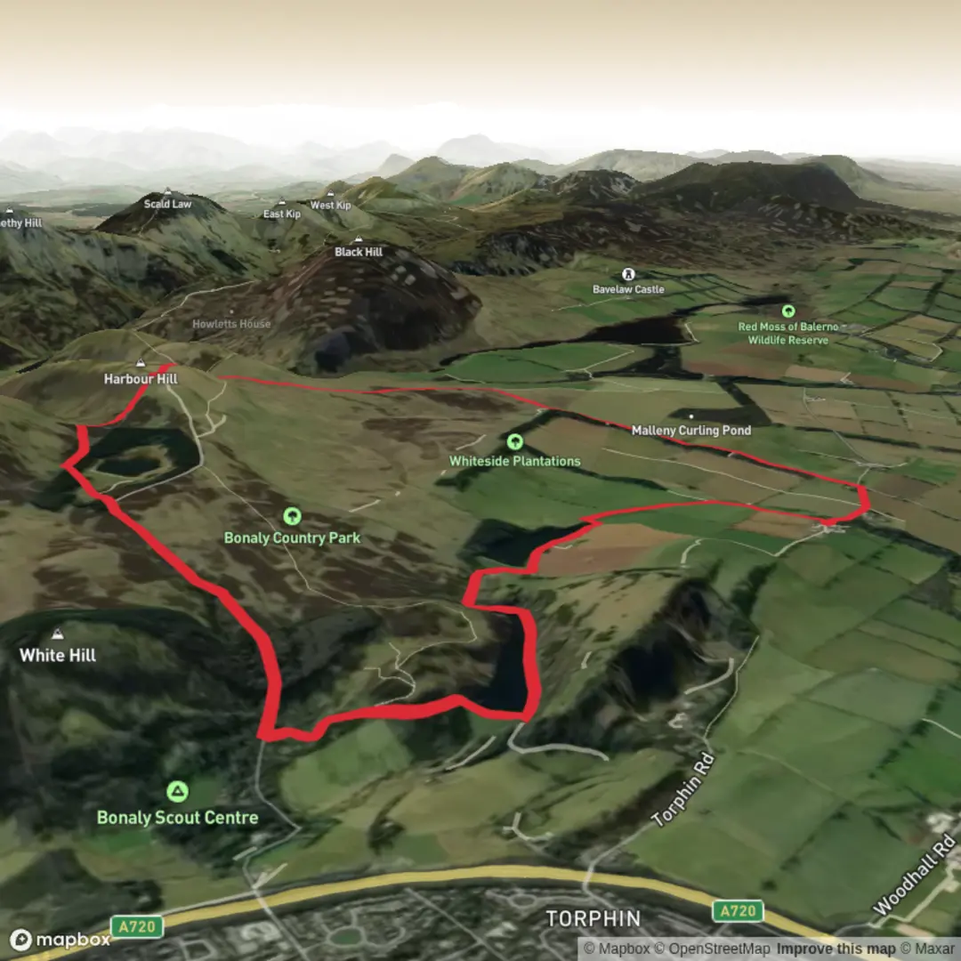 An image depicting the trail Bonaly Reservoir, Harbour Hill, Clubbiedean Reservoir and Torduff Reservoir Loop and its surrounding area.