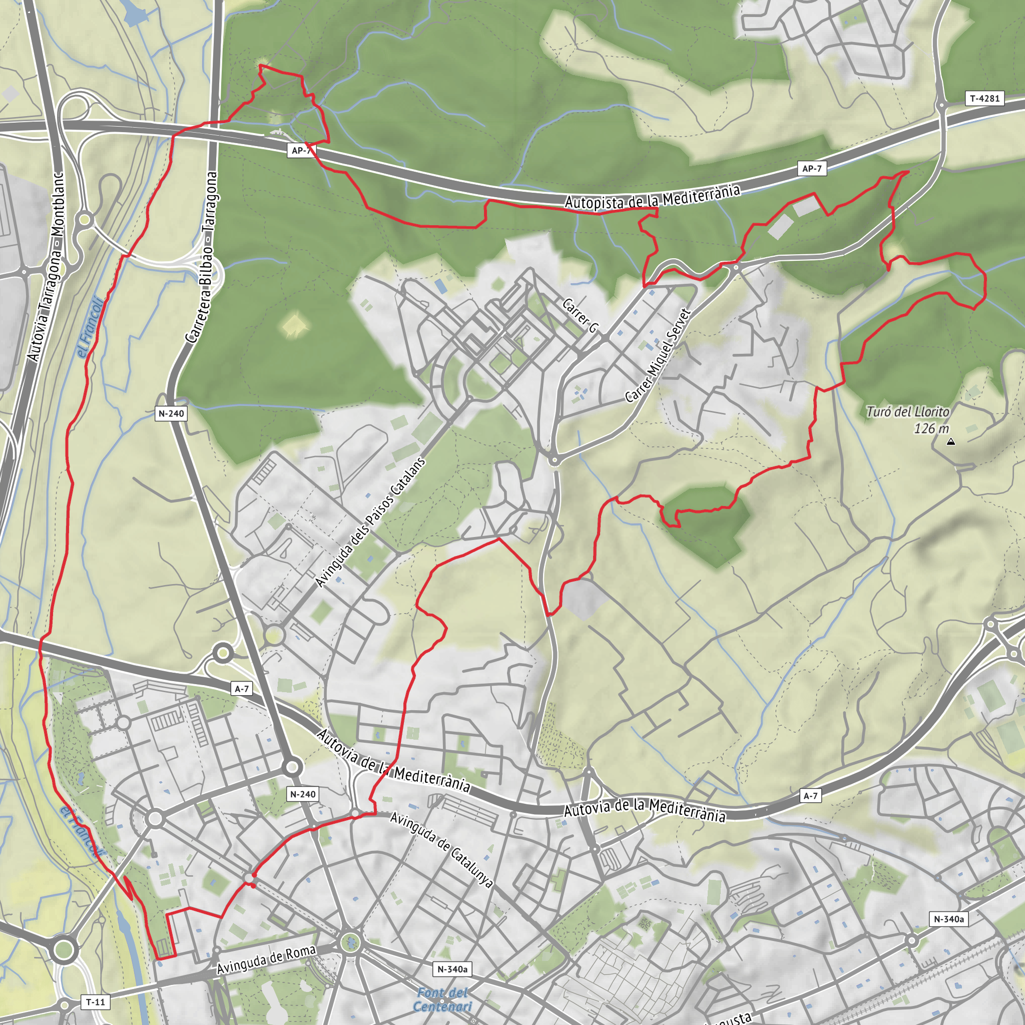 El Corte Ingles, Covas del Llorito, Pont Del Diable, Rio Francoli and El Corte Ingles Loop mobile static map