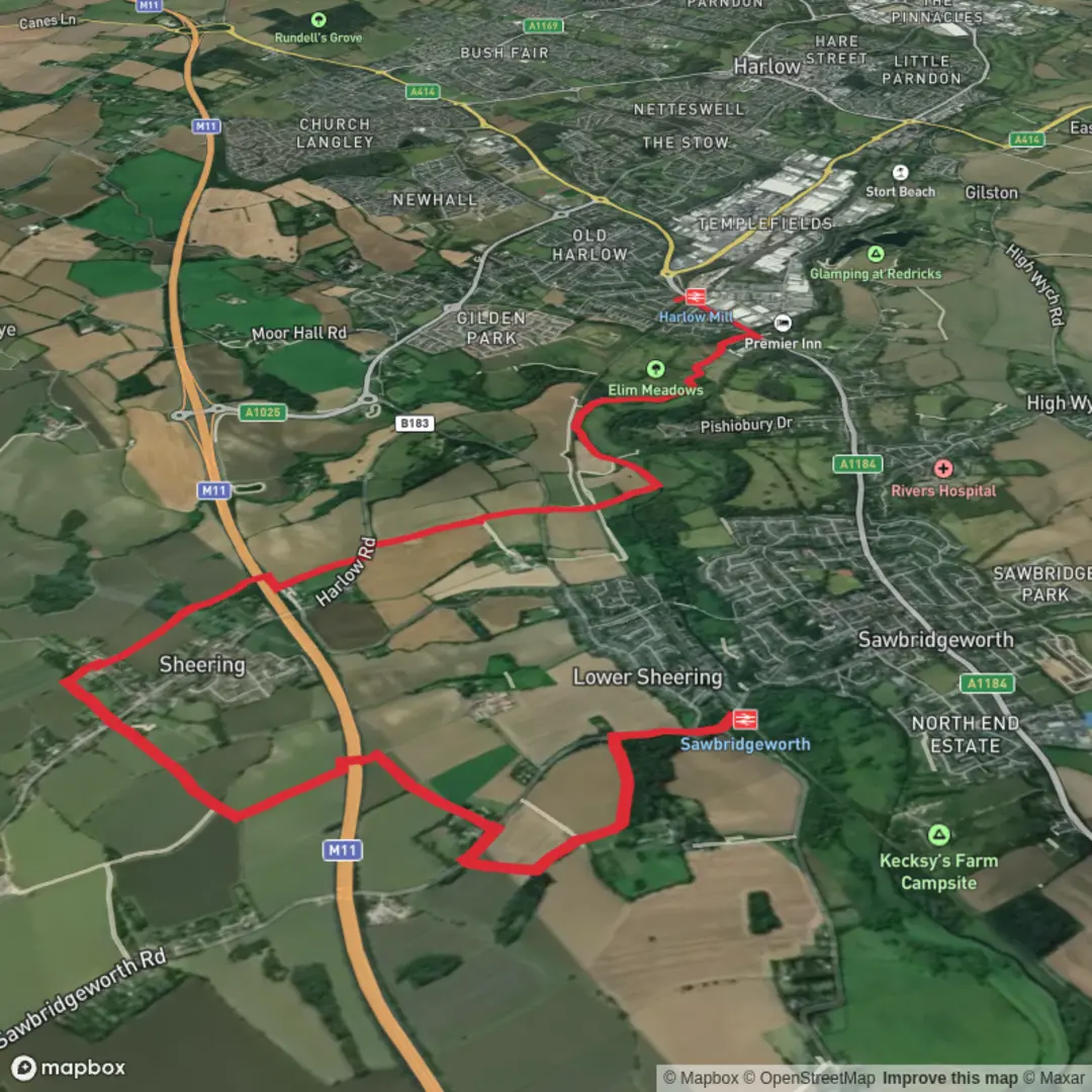An image depicting the trail Sawbridgeworth to Harlow Mill and its surrounding area.