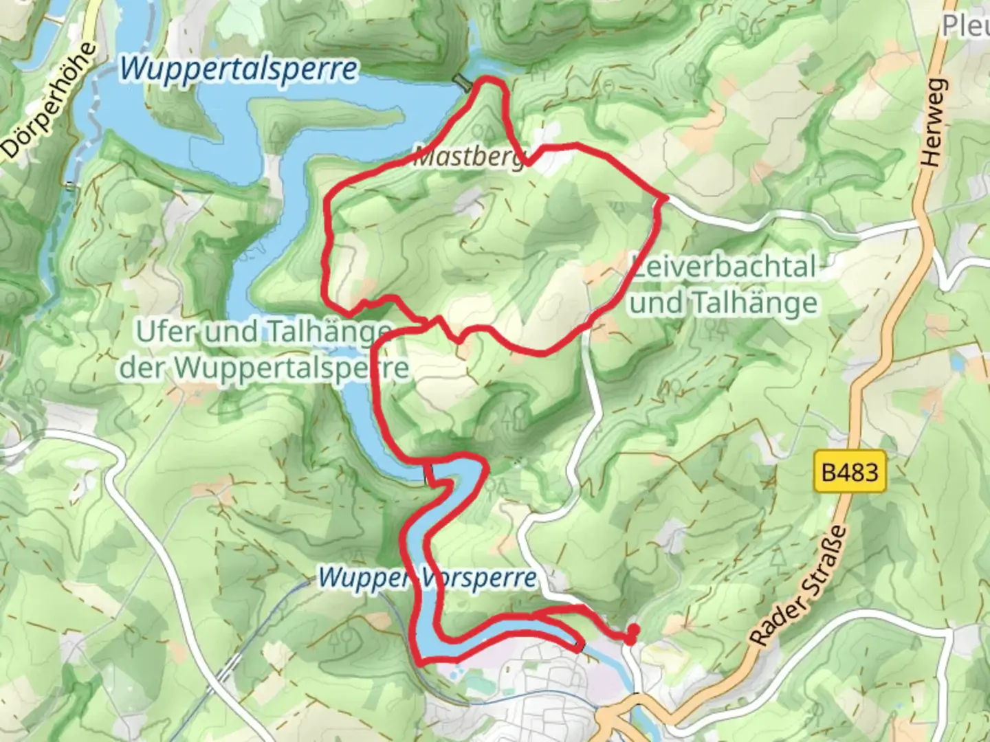 An image depicting the trail Wupper via Wupperweg and Muehlenweg Rundweg and its surrounding area.