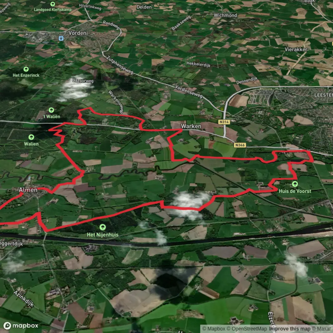 An image depicting the trail Kasteel De Voorst and Kasteel Het Velde via Binnen Weg and its surrounding area.