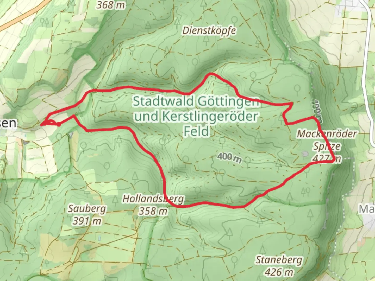 An image depicting the trail Mackenroeder Spitze via Waldwiesenweg and Borheckstrasse and its surrounding area.