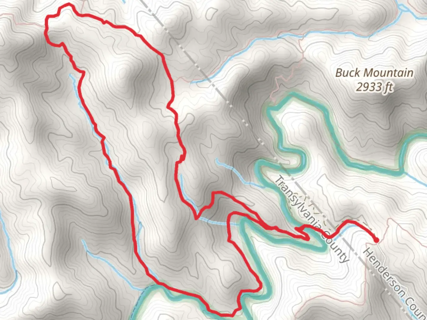 An image depicting the trail South Mills River Road, Pounding Mill and Mullinax Loop Trail and its surrounding area.