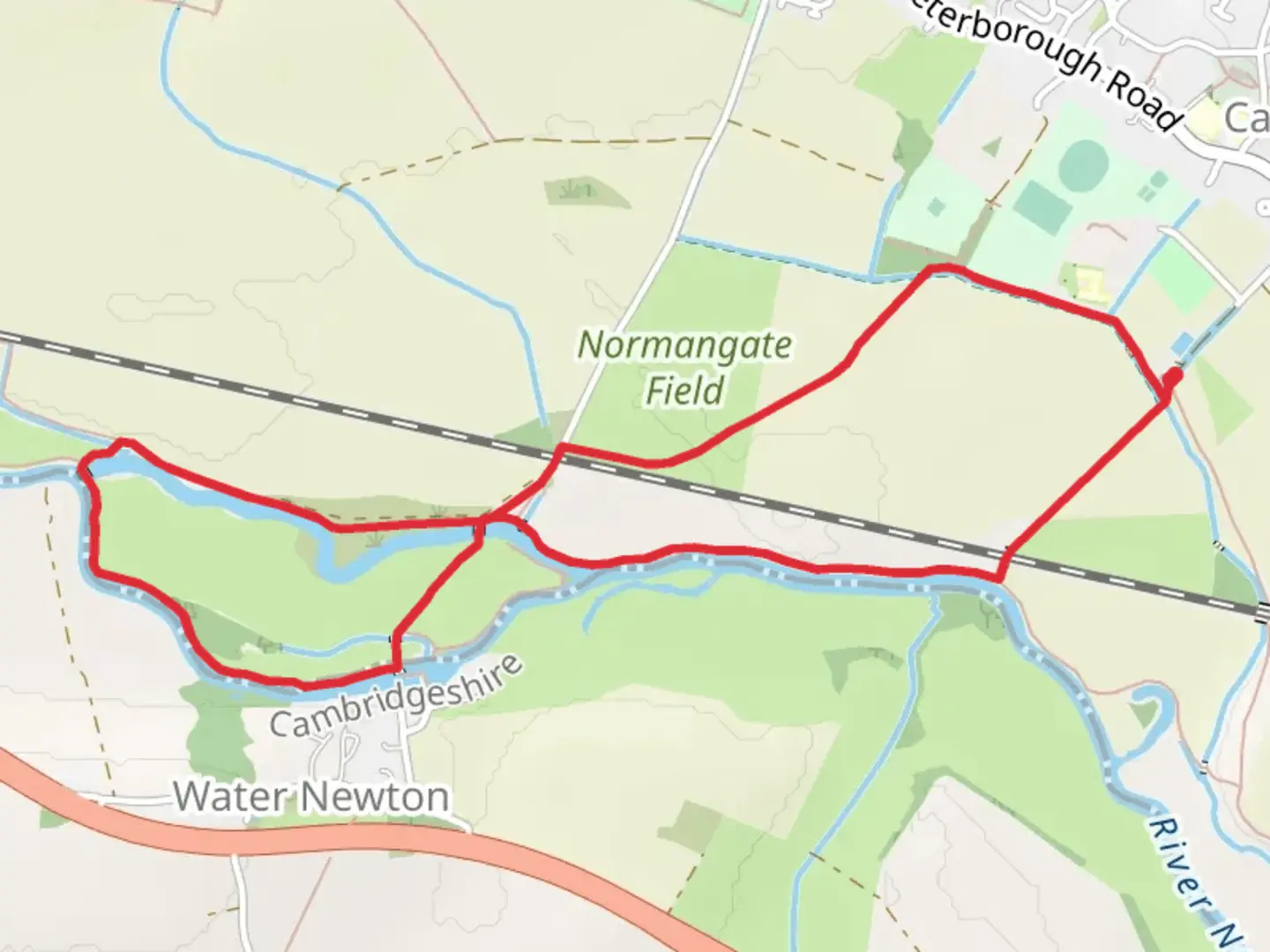 An image depicting the trail Roman Normangate Field and River Nene Lock Loop and its surrounding area.