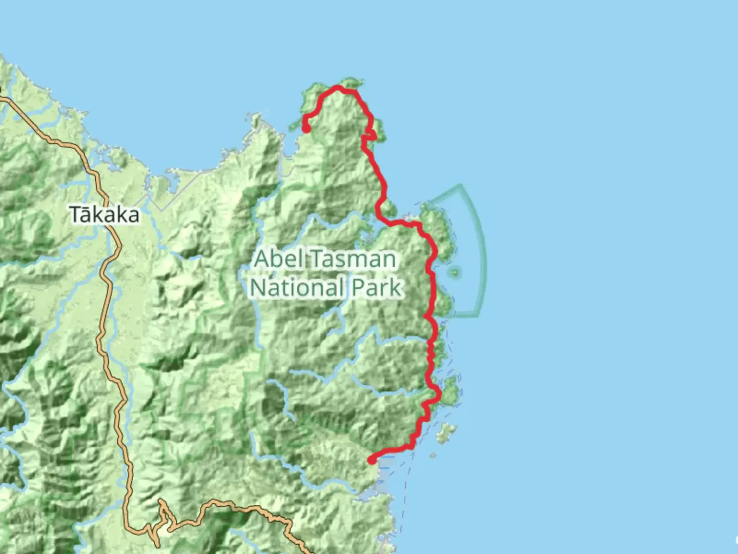 An image depicting the trail Abel Tasman Coastal Track and its surrounding area.