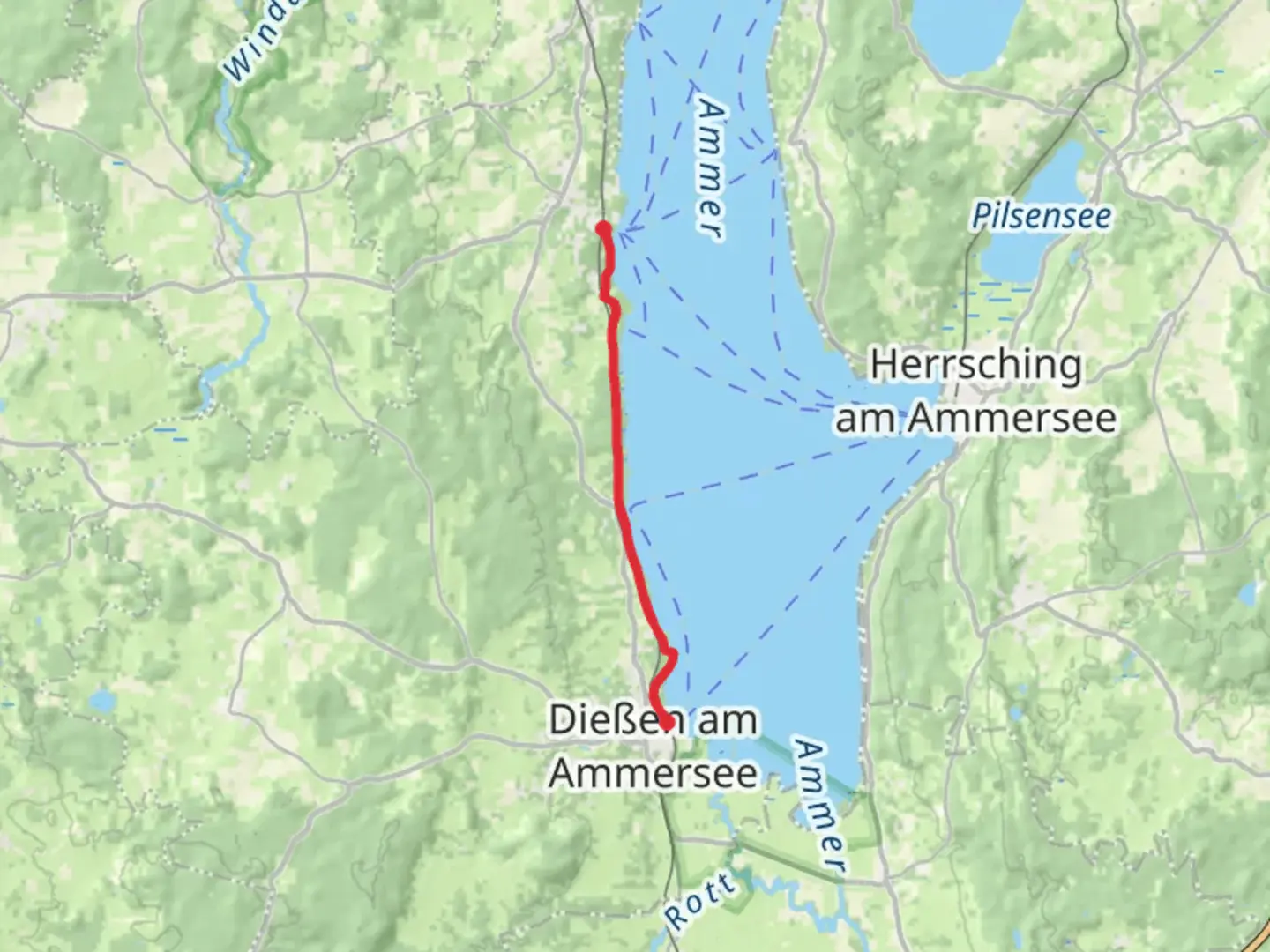 An image depicting the trail Utting to Diessen via Eduard-Thöny-Straße and Unterer-Albaner-Weg and its surrounding area.