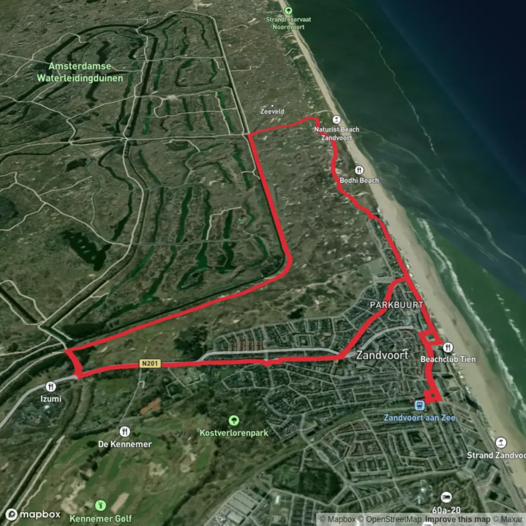 An image depicting the trail Nieuw Duynen and Zandvoort Loop and its surrounding area.