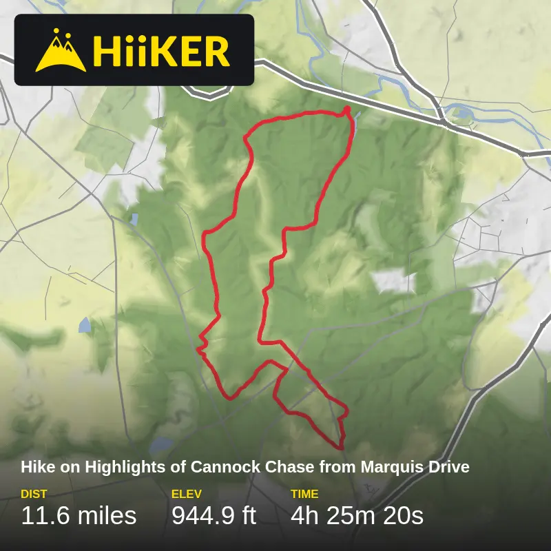 A map preview of the recording Hike on Highlights of Cannock Chase from Marquis Drive.