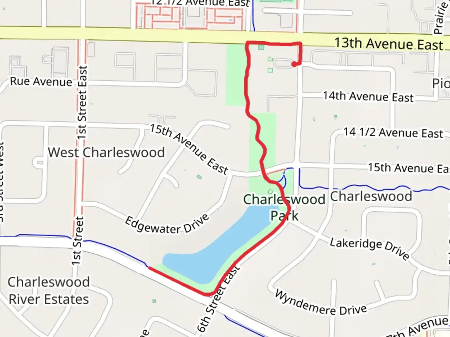 An image depicting the trail Heritage Square to Charleswood Park Walk and its surrounding area.
