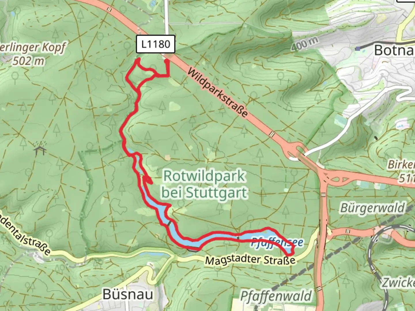 An image depicting the trail Pfaffensee Loop via Bernhardsbachsträßle and its surrounding area.
