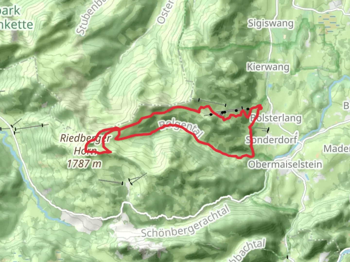An image depicting the trail Riedberger Horn Loop via Bolsterlang and its surrounding area.