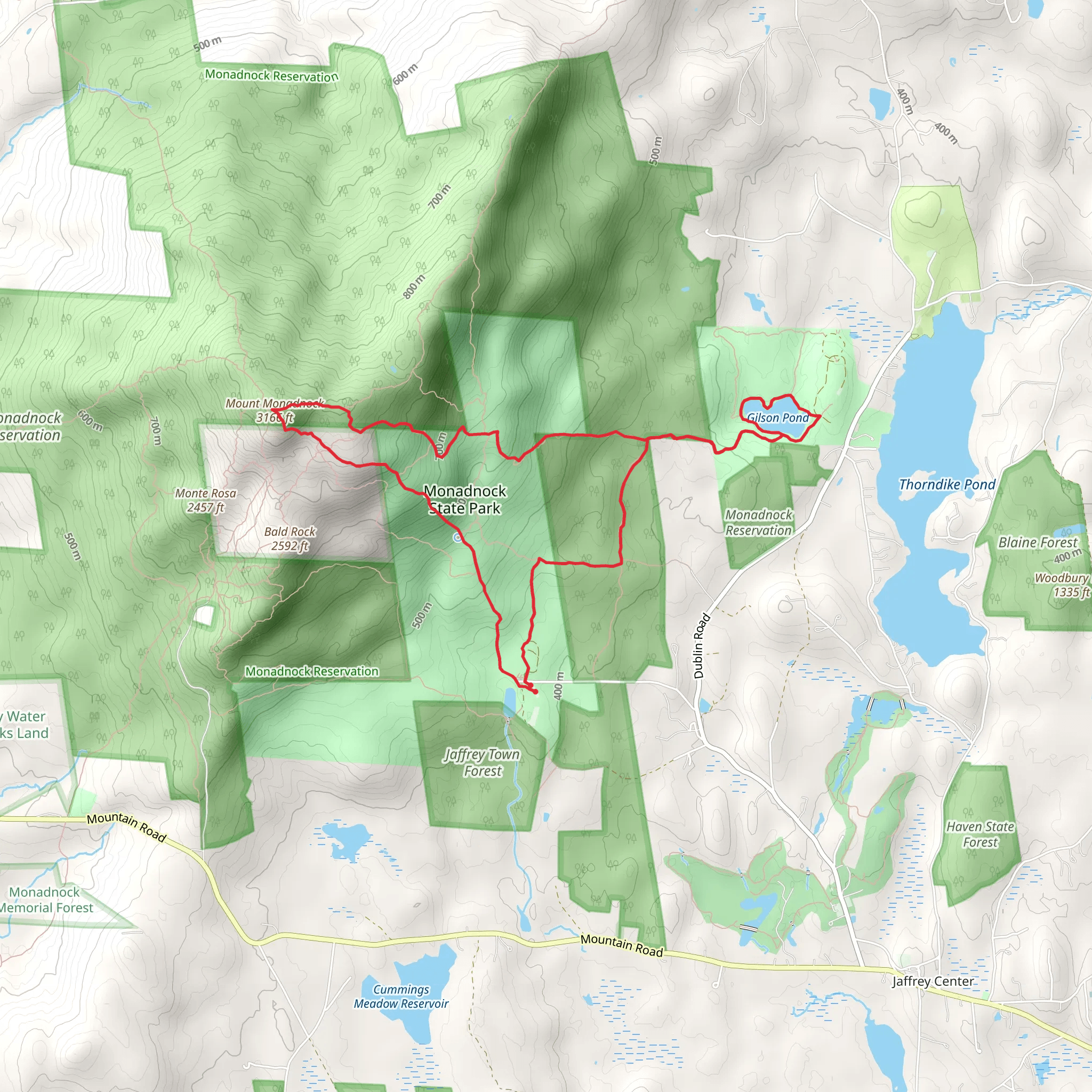 Gilson Pond and Mount Monadnock via Birchtoft Trail and Harling Trail mobile static map