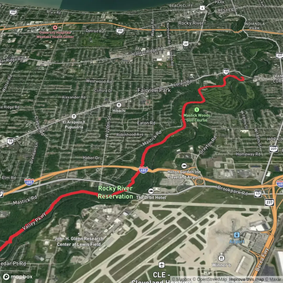 An image depicting the trail West Channel Pond and Rocky River Reservation and its surrounding area.