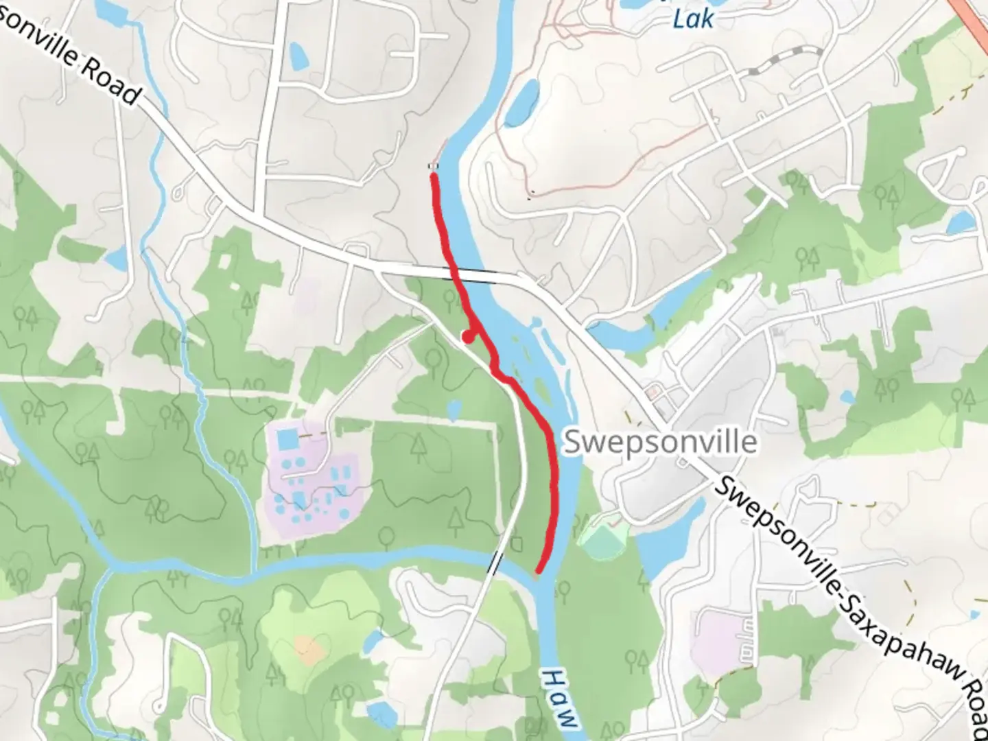 An image depicting the trail Haw River Trail from Boywood Road and its surrounding area.