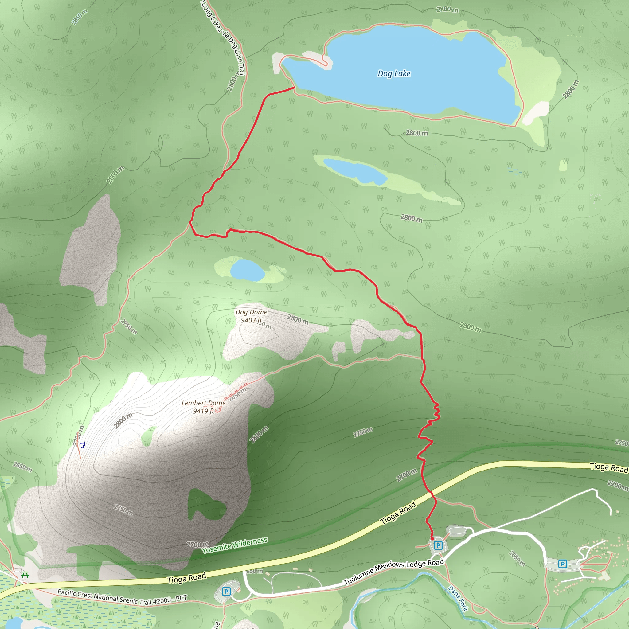 Lembert Dome and Dog Lake Trail mobile static map