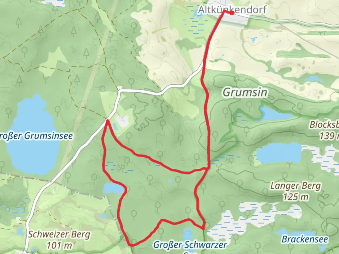 An image depicting the trail Kleiner Grumsin-See via Gelbes Buchenblatt and its surrounding area.