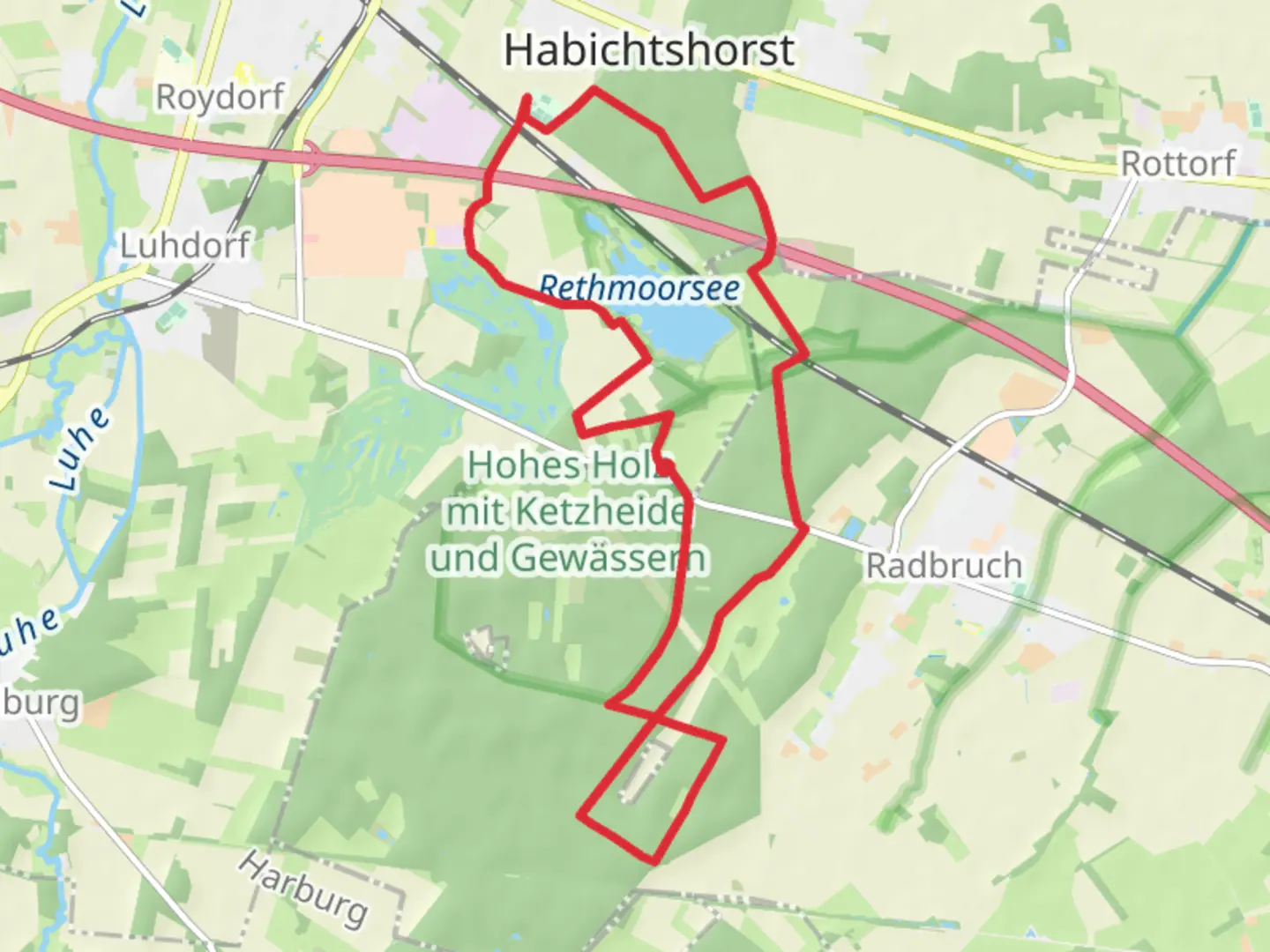 An image depicting the trail NSG Rethmoorsee and Radbruchsforst Loop and its surrounding area.