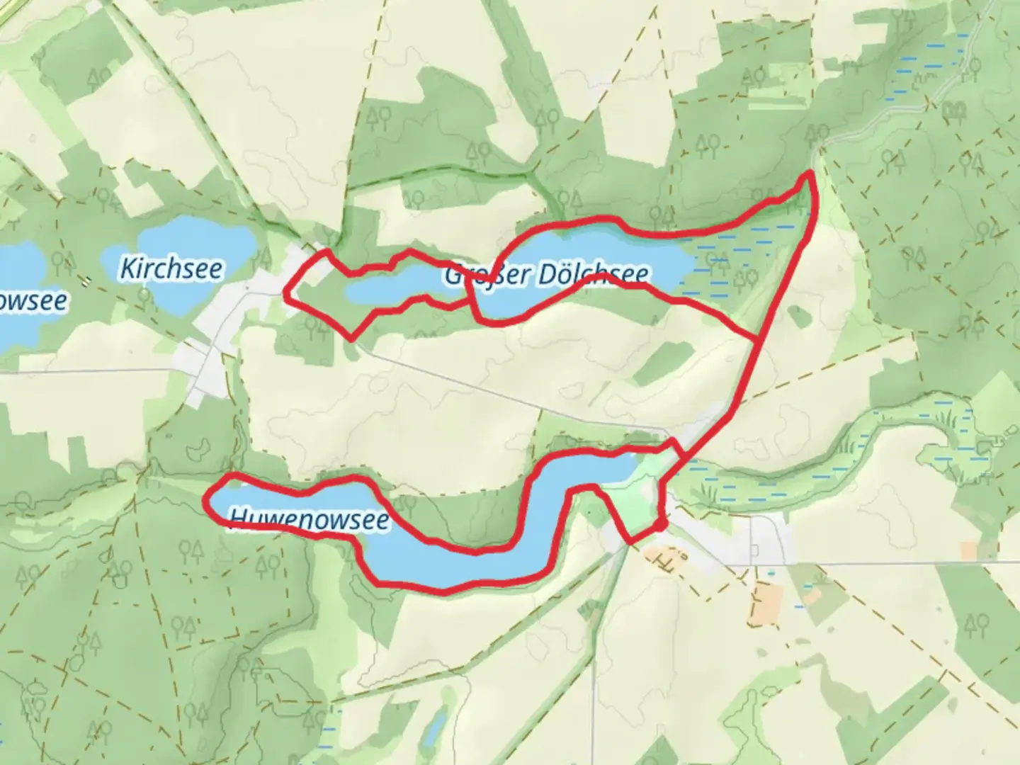 An image depicting the trail Huwenowsee Rundweg and Gransee Loop and its surrounding area.