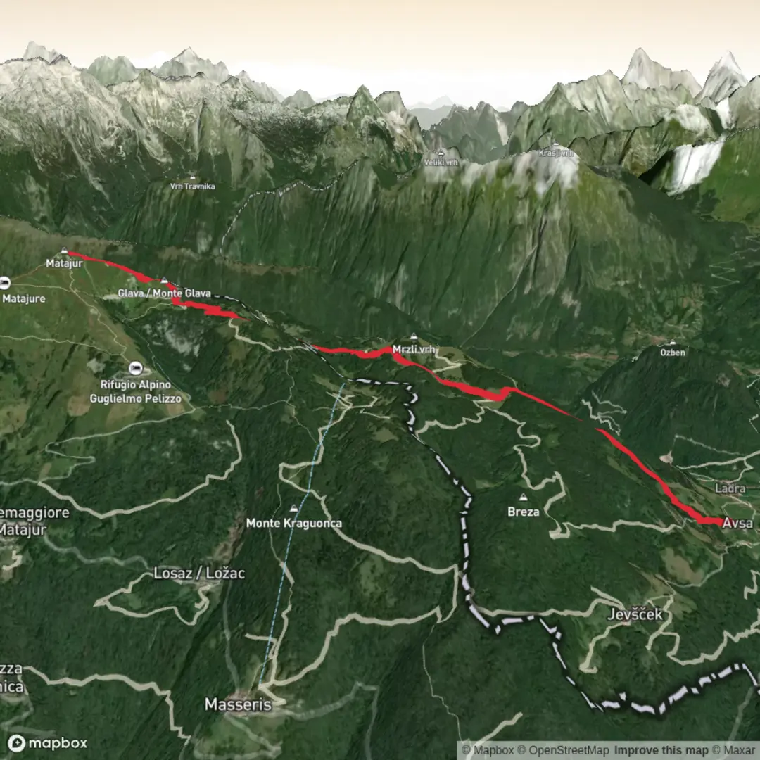 An image depicting the trail Matajur via Avsa and its surrounding area.