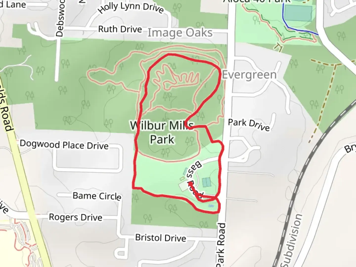 An image depicting the trail Wilbur Mills Park Loop and its surrounding area.