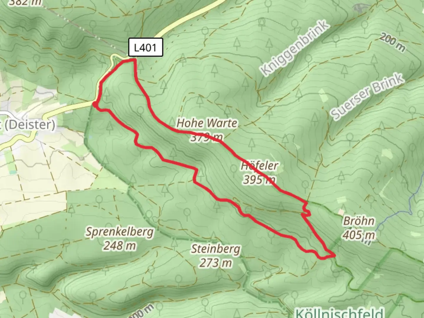 An image depicting the trail Hohe Warte and Hofeler Loop and its surrounding area.