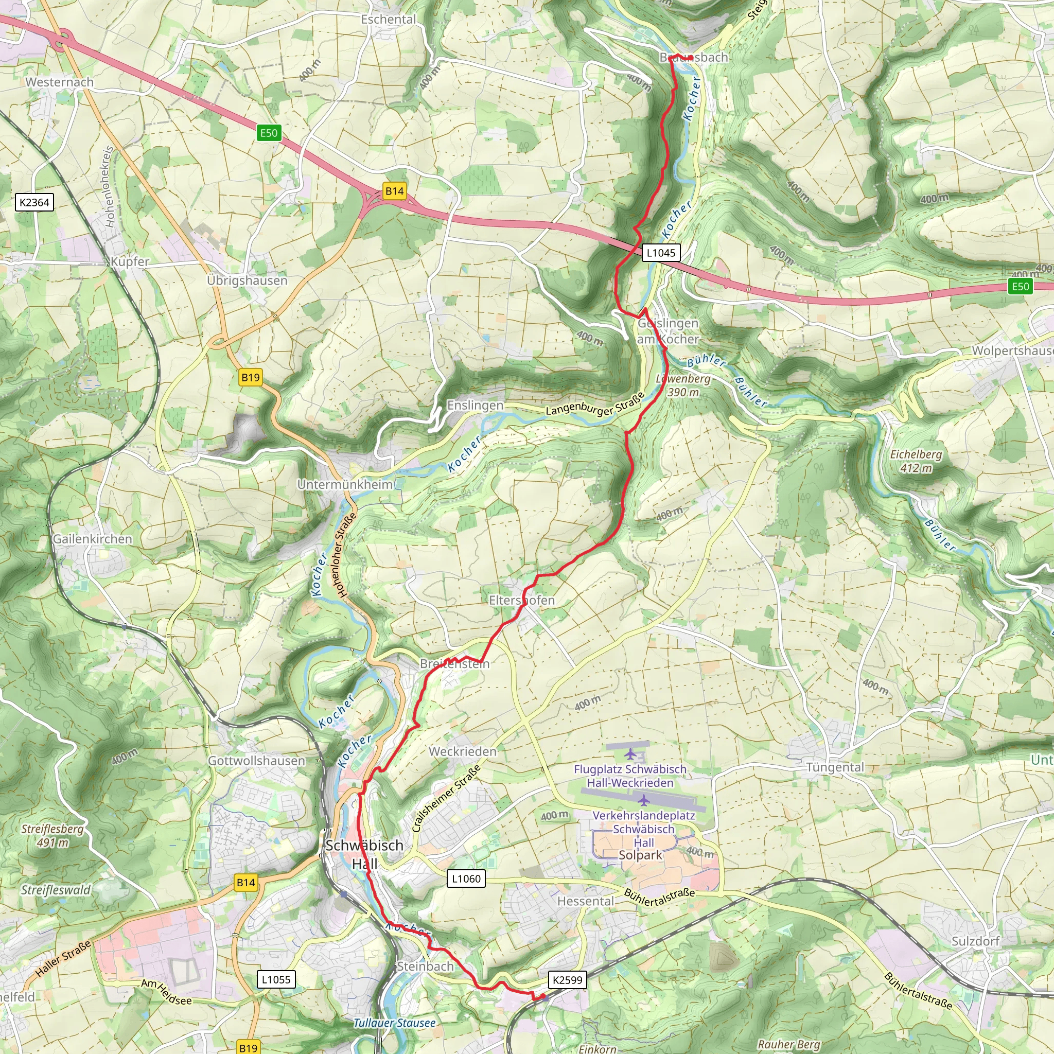 Hessental to Braunsbach Walk mobile static map