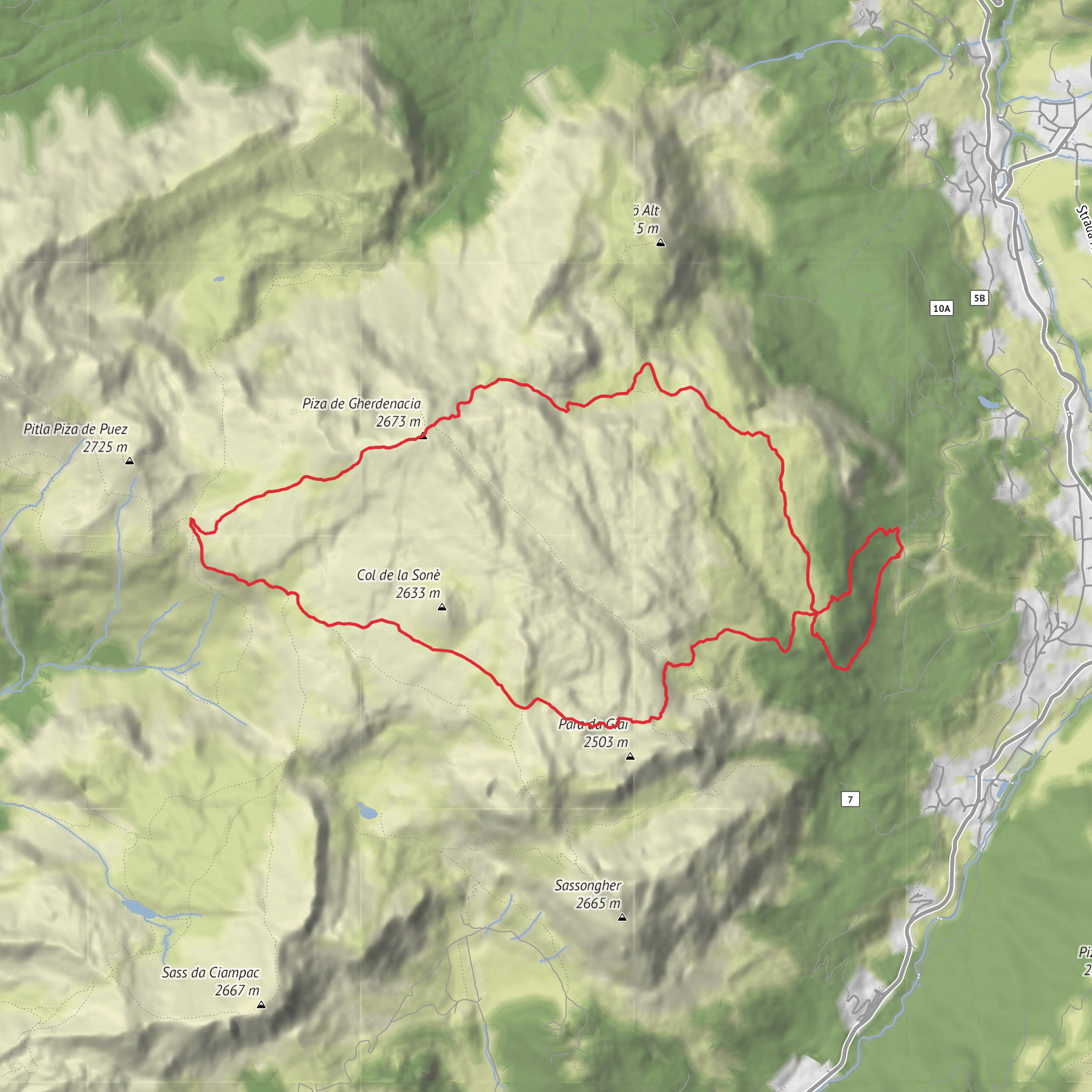 Hike 7 - Piza de Gherdenacia - Malga Puez - Forcella de Gherdenacia mobile static map