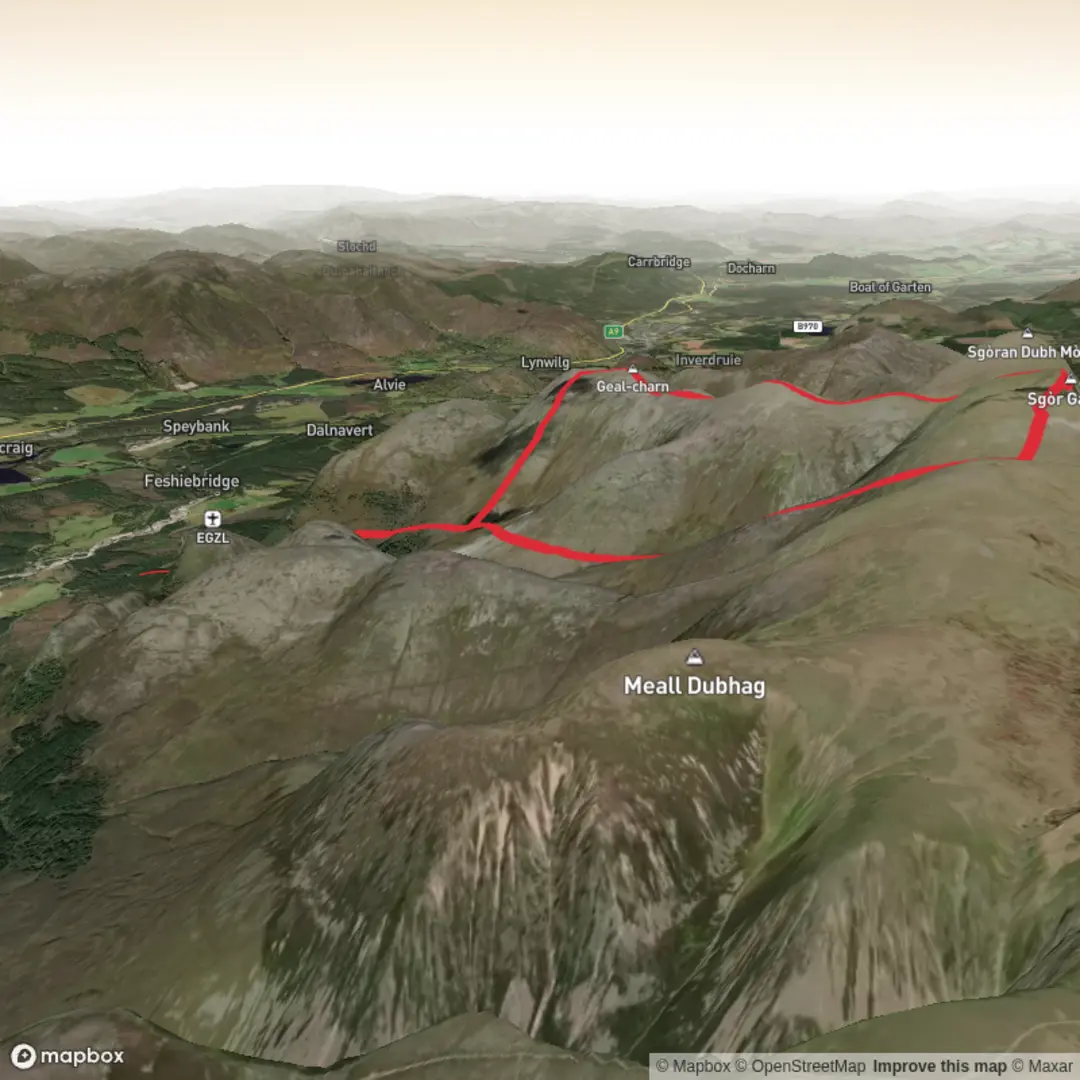 An image depicting the trail Sgor Gaoith and Geal Charn Loop and its surrounding area.