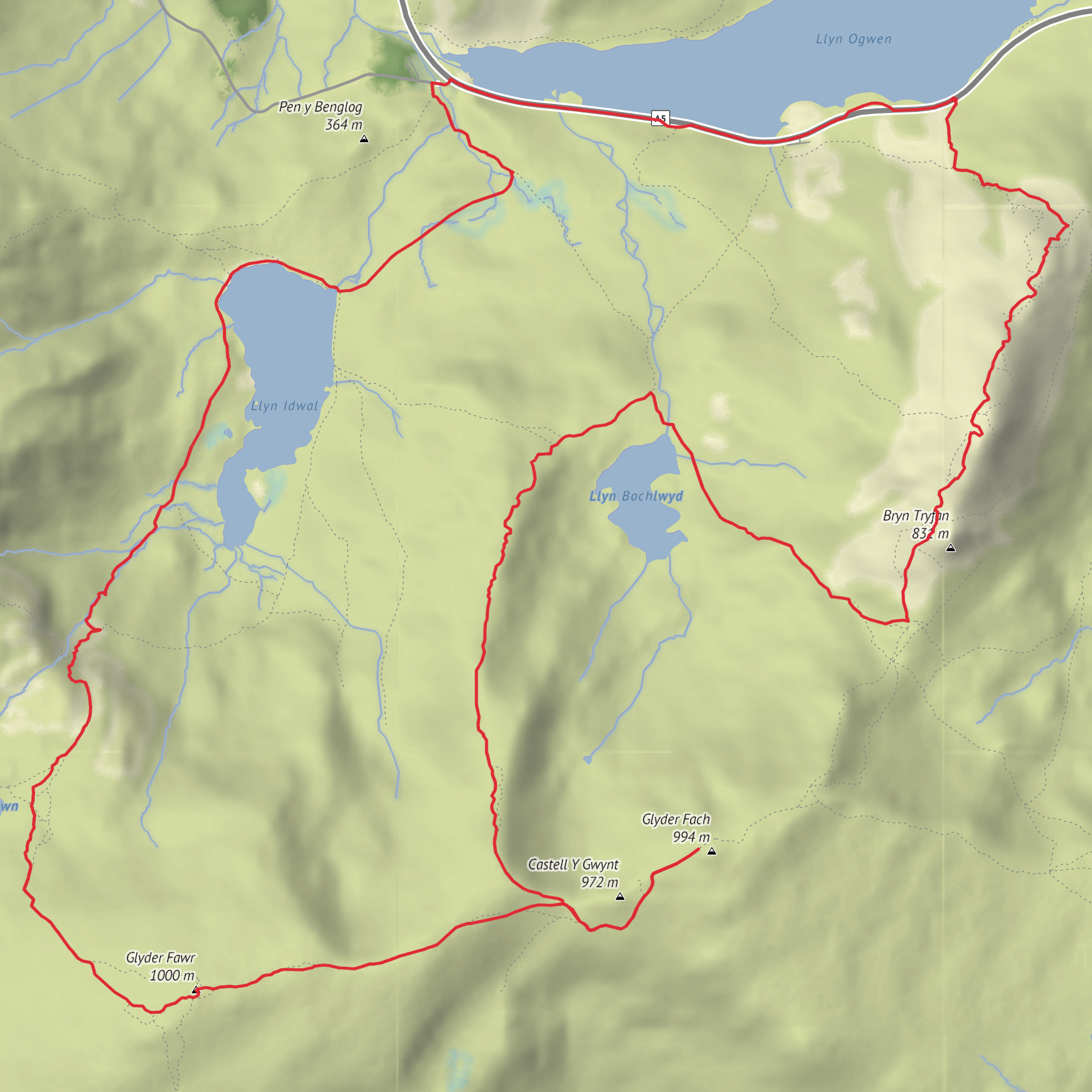 Tryfan and the Glyders via Y Gribin mobile static map