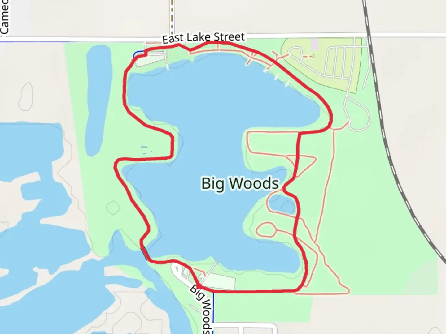 An image depicting the trail Big Woods Lake Loop and its surrounding area.