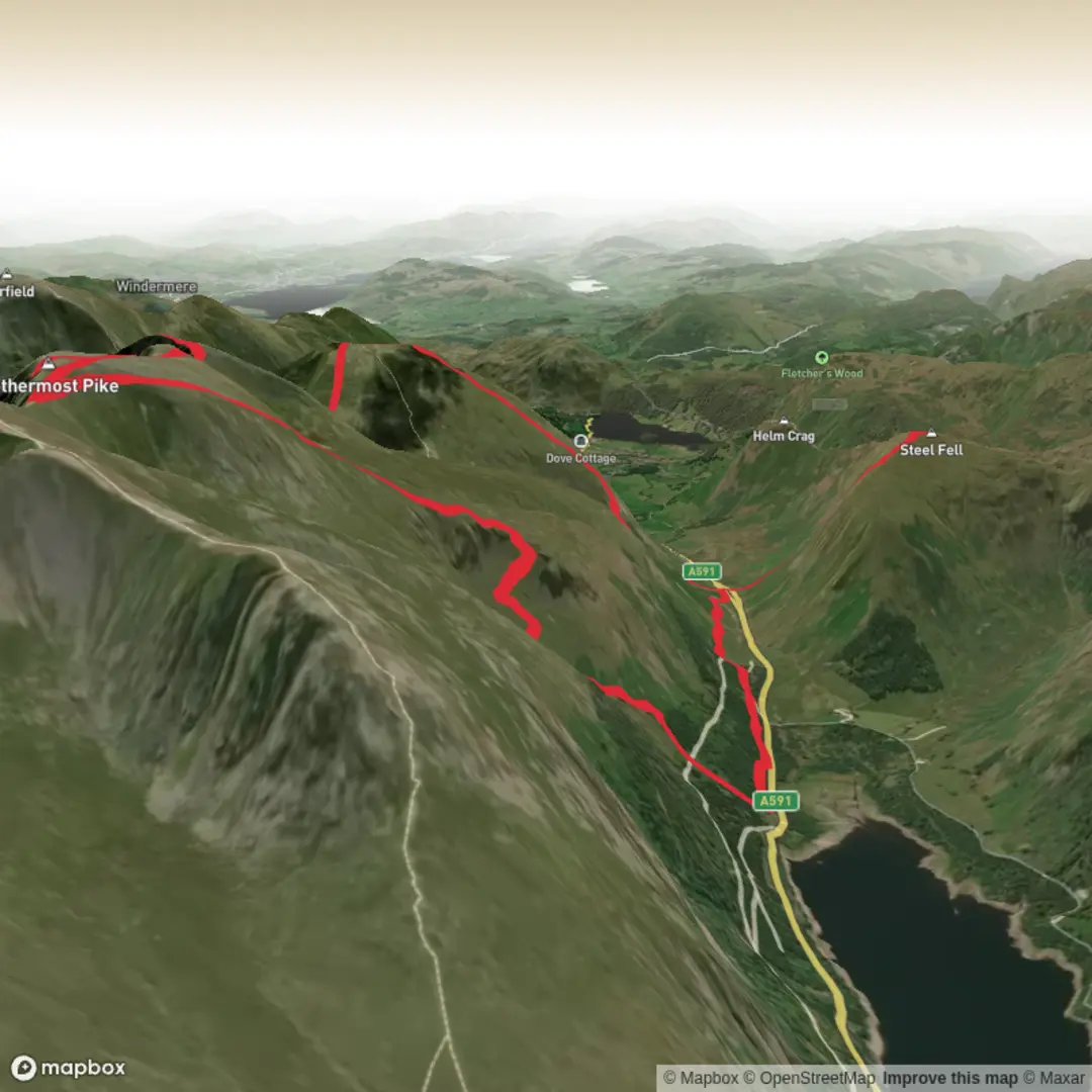An image depicting the trail The Dunmail loop and its surrounding area.