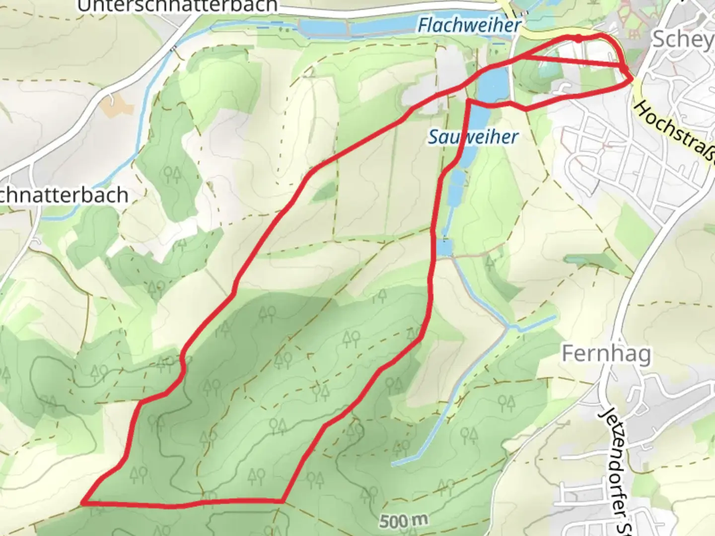 An image depicting the trail Ledererweiher and Sauweiher via Benediktenweg and its surrounding area.