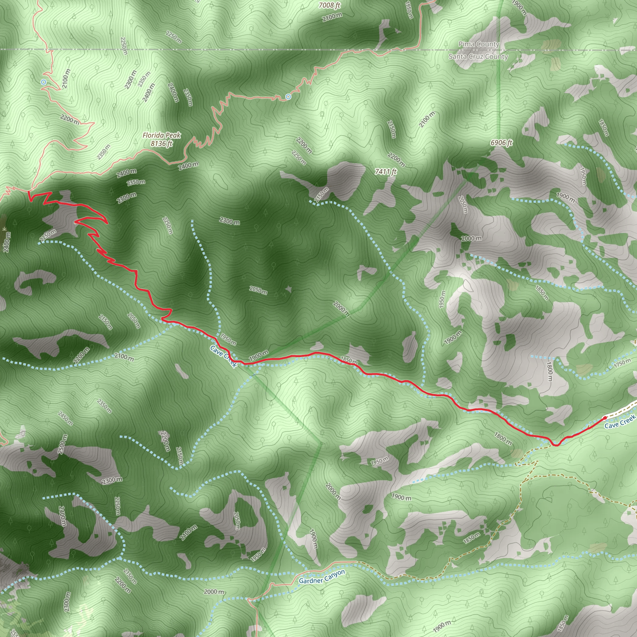Florida Saddle via Cave Creek Canyon Trail mobile static map