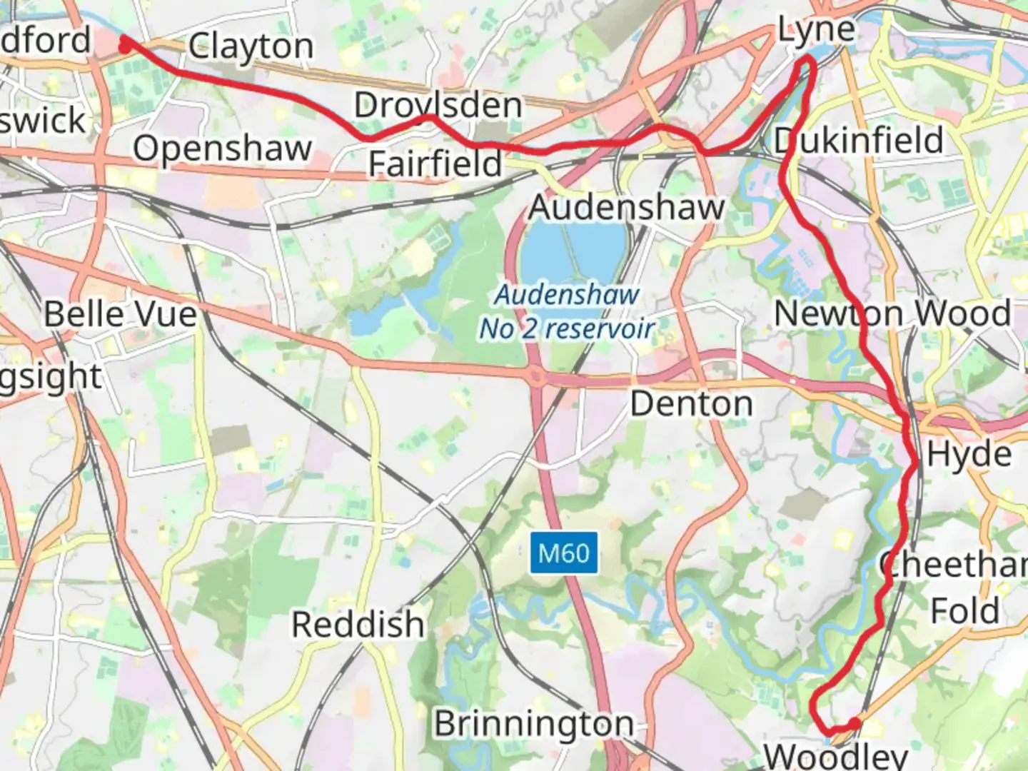 An image depicting the trail Etihad Stadium to Woodley Walk and its surrounding area.