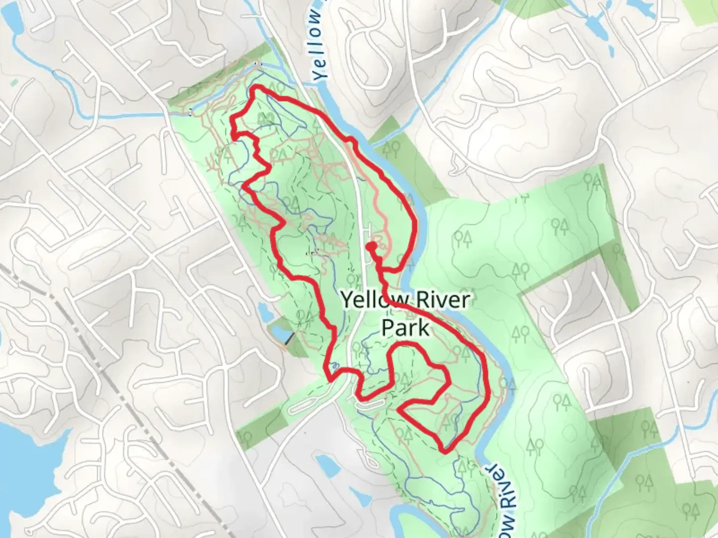 An image depicting the trail Yellow River Park Loop and its surrounding area.