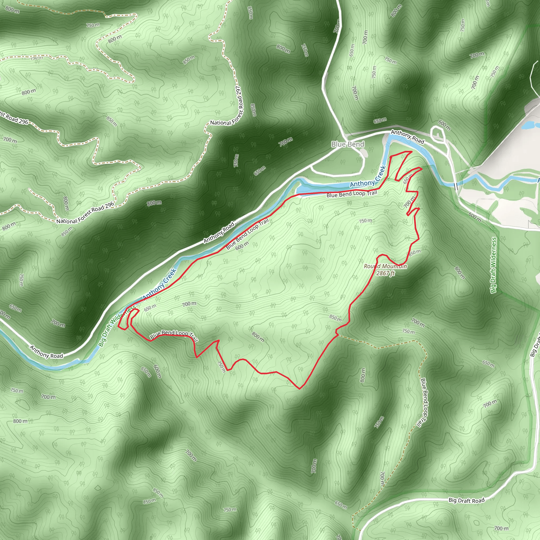 Anthony Creek and Round Mountain Loop mobile static map