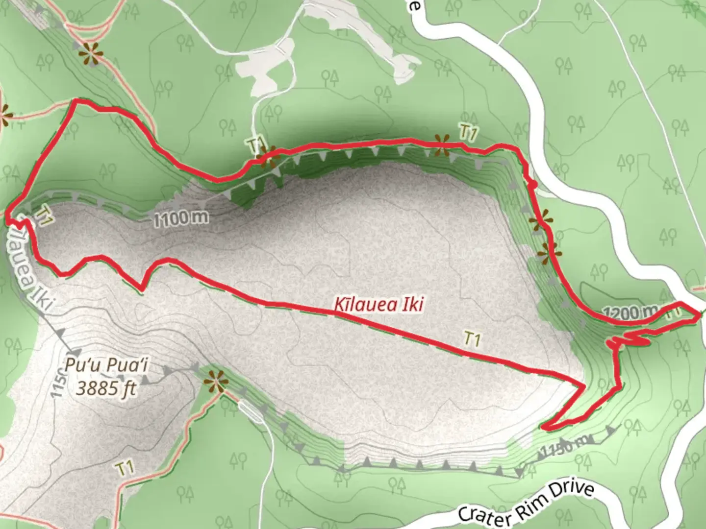 An image depicting the trail Kīlauea Iki Loop via Crater Rim Trail and its surrounding area.