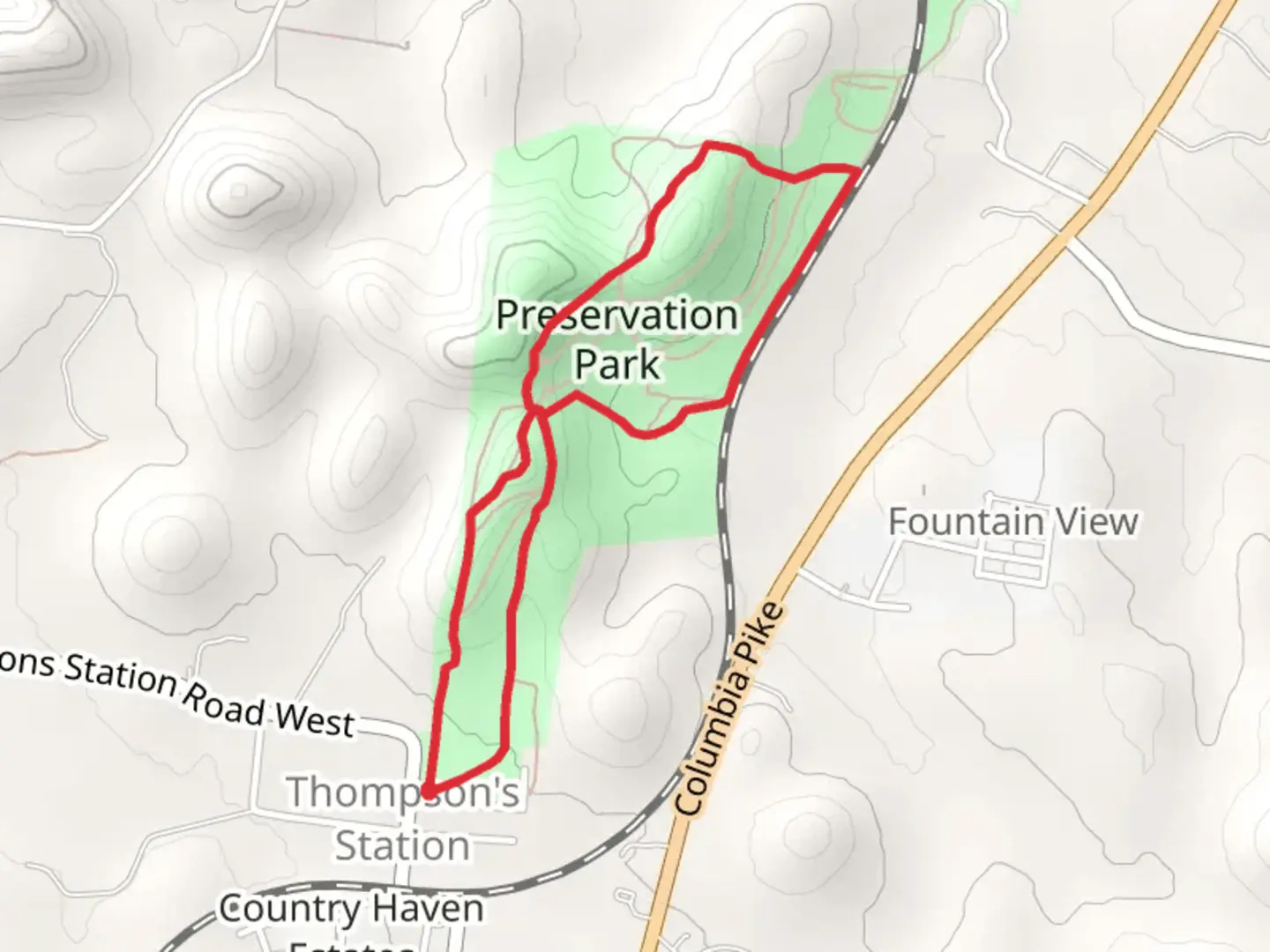 An image depicting the trail Preservation Park Loop and its surrounding area.