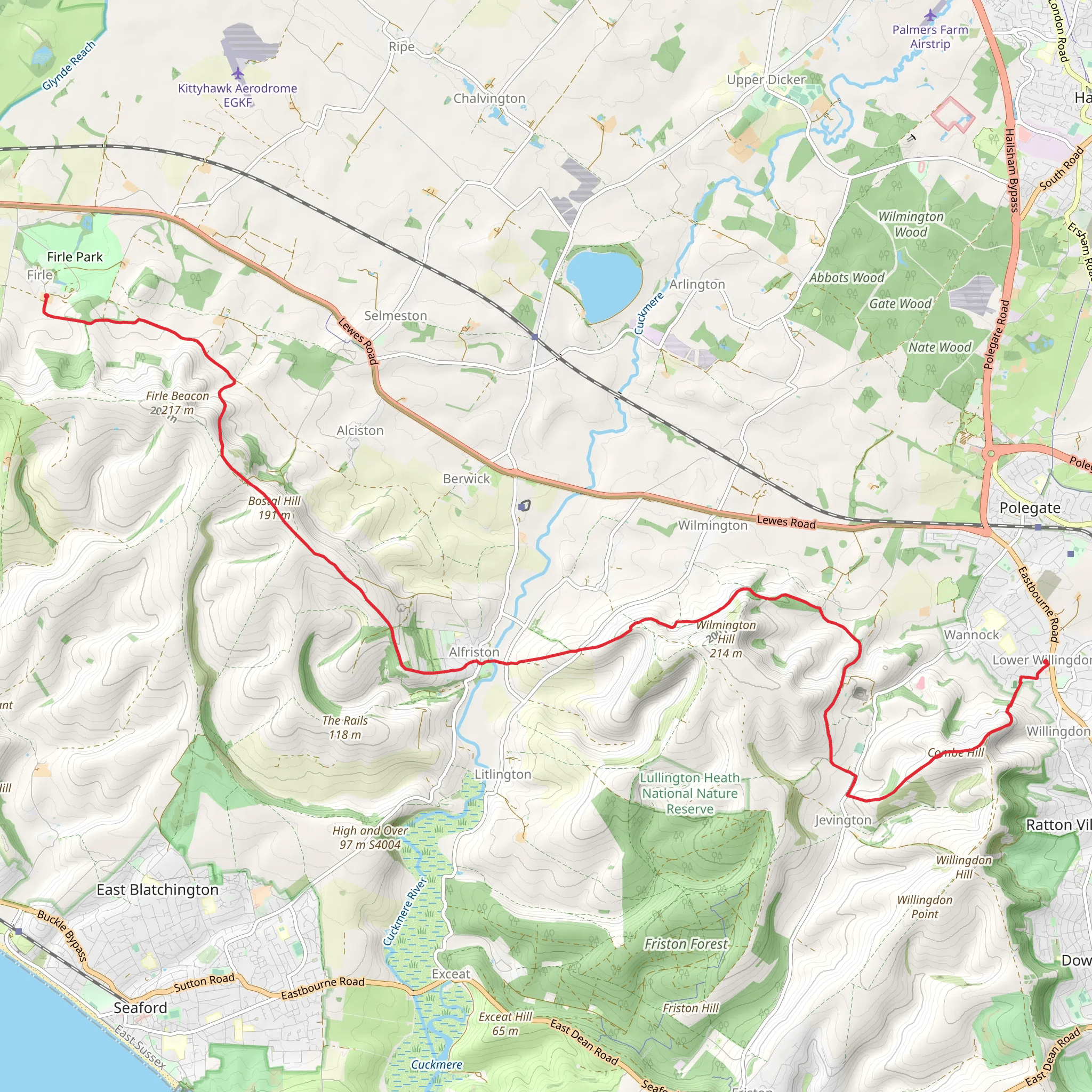 Firle to Lower Willingdon via Round Hill and The Holt mobile static map