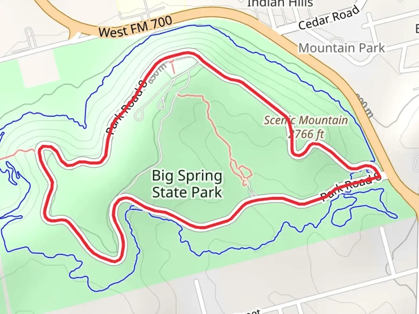 An image depicting the trail Big Spring State Park Loop and its surrounding area.