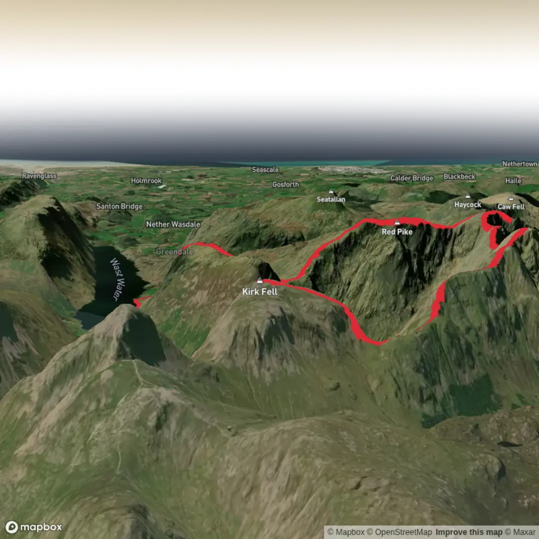 An image depicting the trail Kirk Fell, Pillar, Scoat Fell, Steeple, Red Pike and Yewbarrow and its surrounding area.