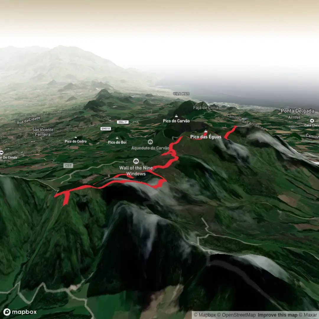 An image depicting the trail Boca do Inferno and Serra Devassa, Lagao do Canario and Pico das Eguas and its surrounding area.