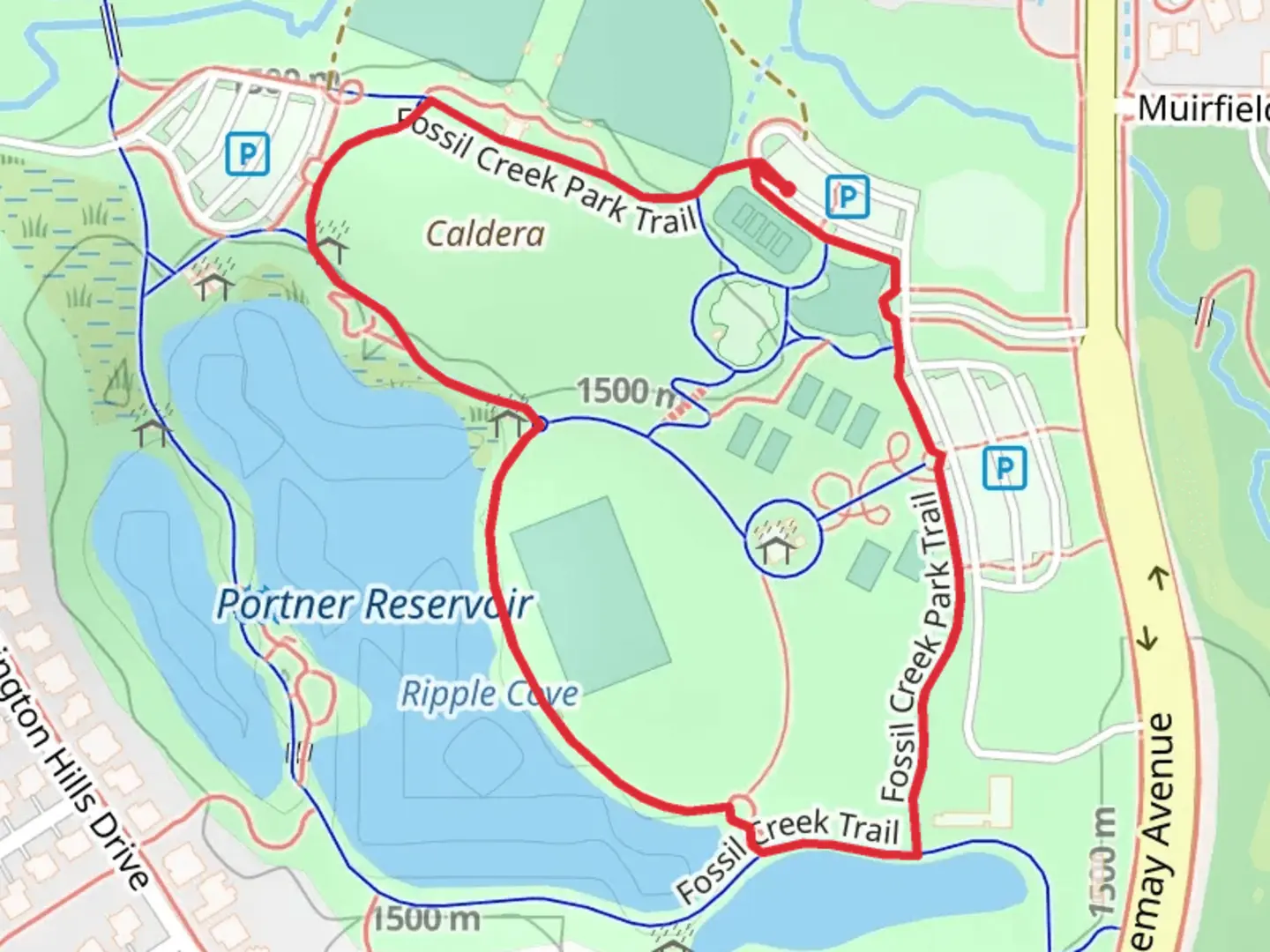 An image depicting the trail Fossil Creek Park Loop and its surrounding area.