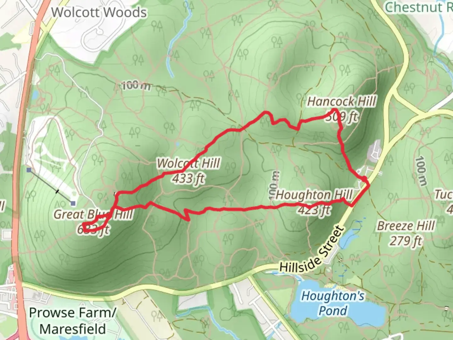 An image depicting the trail Hancock - Hemenway - Wolcott - Great Blue - Houghton Hill Loop and its surrounding area.