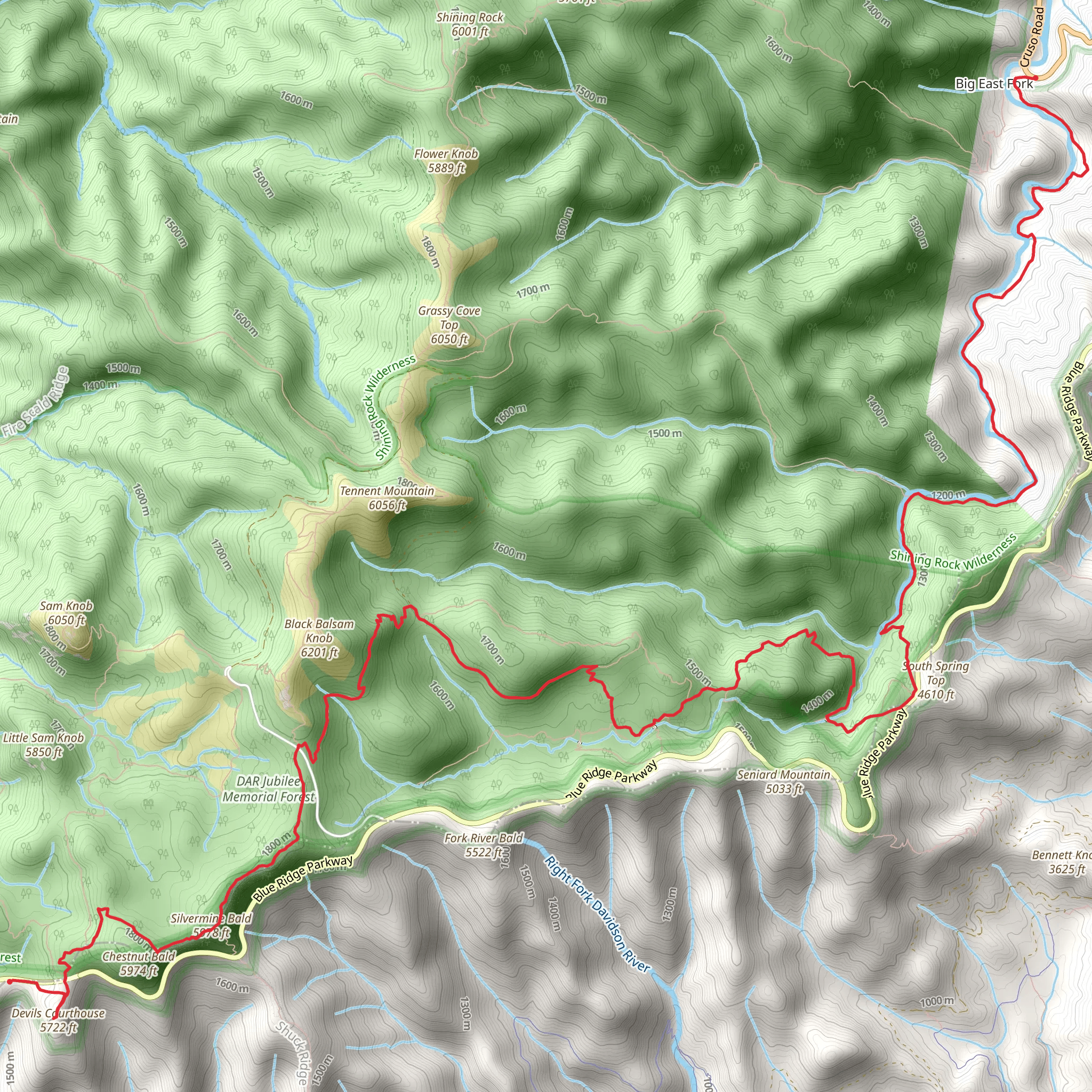 Devils Courthouse, Mountains-to-Sea and Big East Fork Trail mobile static map