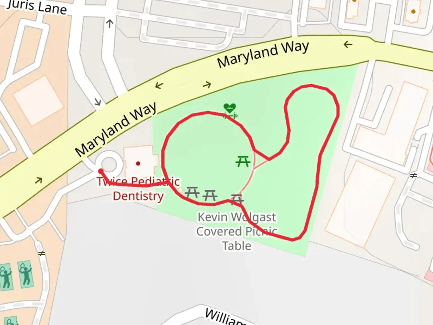 An image depicting the trail Maryland Way Park Loop and its surrounding area.