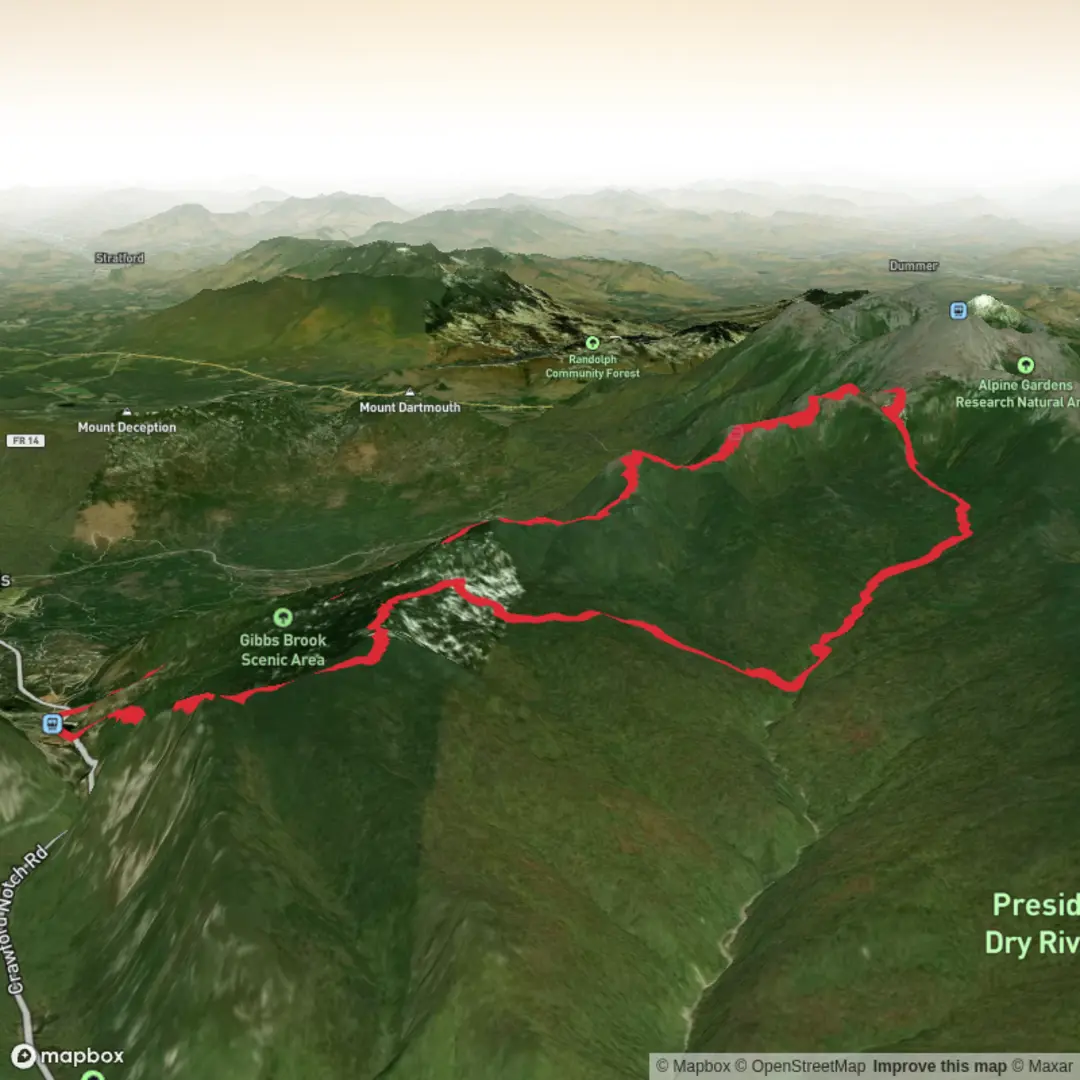 An image depicting the trail Mt Monroe and return via Dry River and its surrounding area.