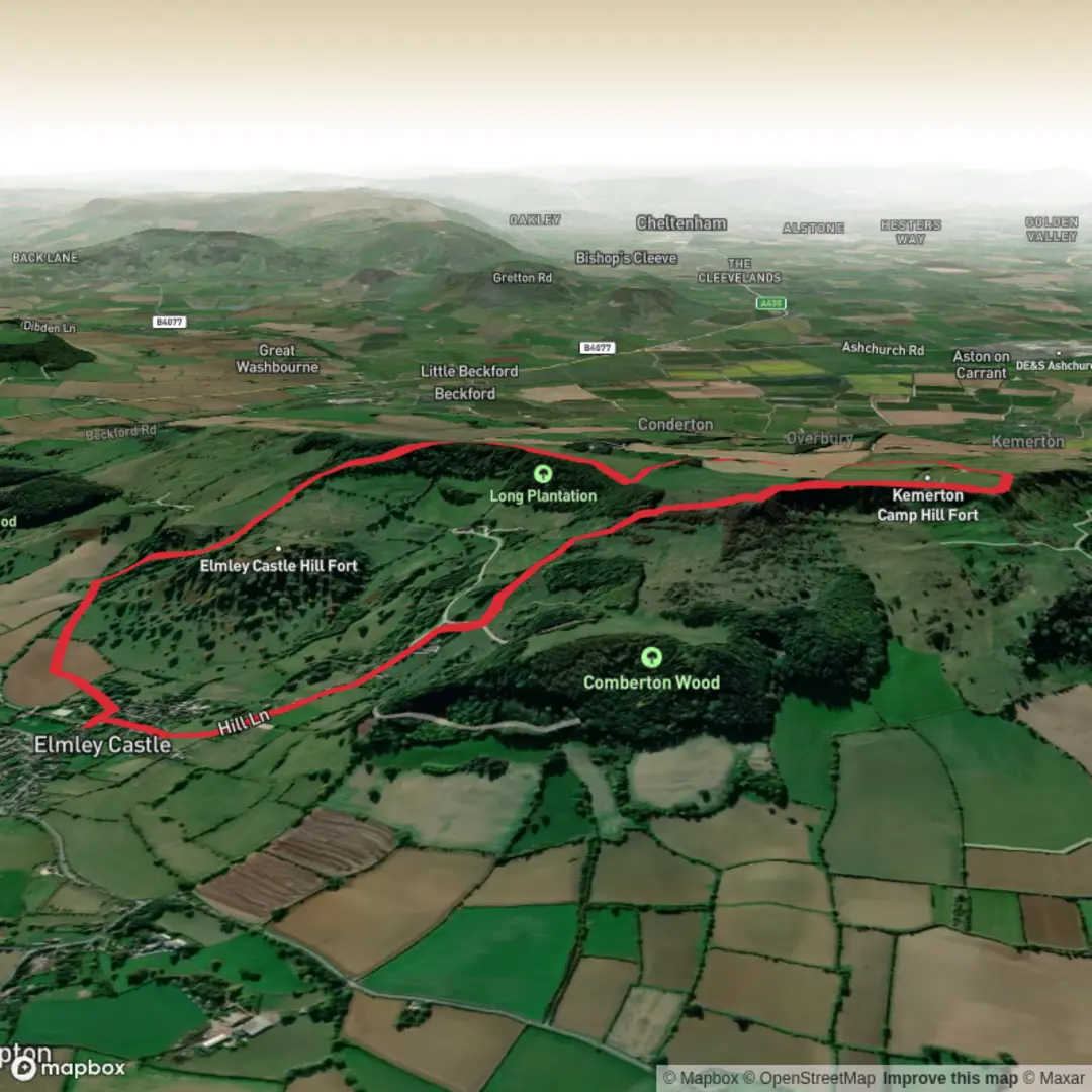 An image depicting the trail Bredon Hill from Elmley Castle and its surrounding area.