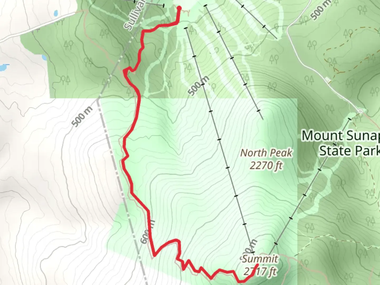 An image depicting the trail Summit Trail near North Peak and its surrounding area.