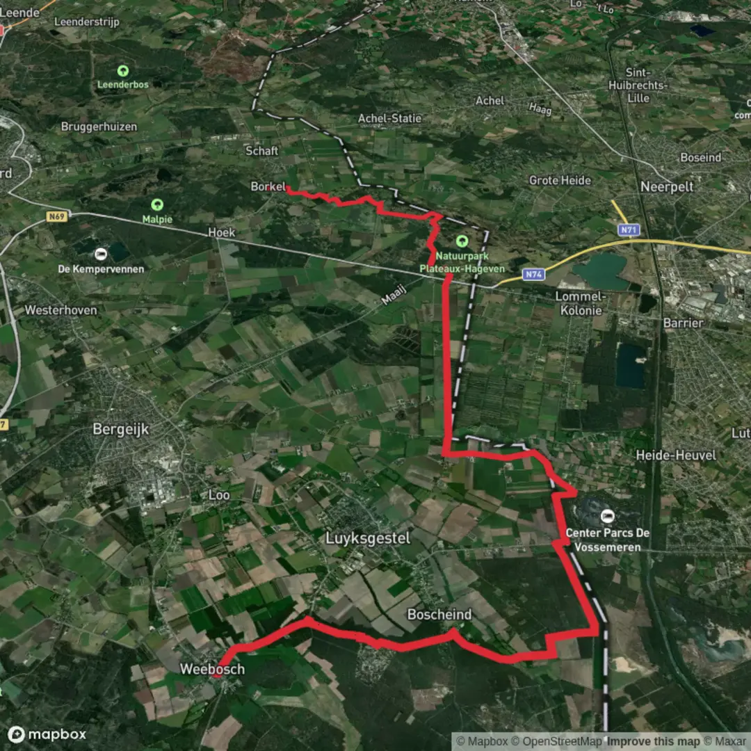 An image depicting the trail Weebosch to Borkel via Dommel Wandeling and its surrounding area.